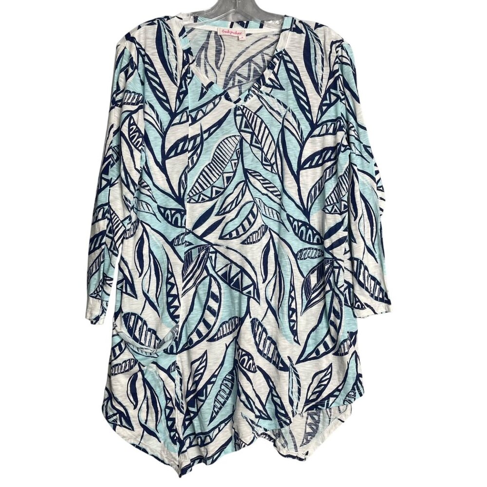 Fresh Produce Tunic Dress Blue Womens M 100% Cotton Lagnelook Beach Leaf Print
